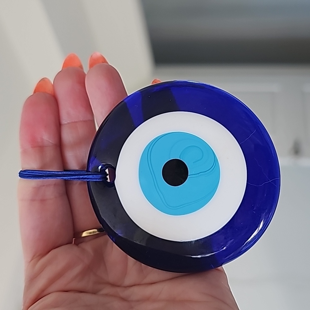 Glass Blue Evil Eye Wall Hanging Ornament w Ropes.